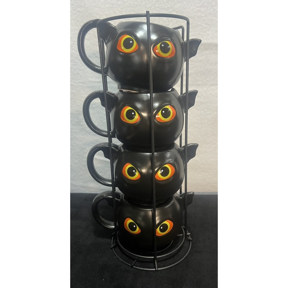 Way to Celebrate Halloween Black Bat Ceramic Stacking Mug Set of 4 w/Metal Rack